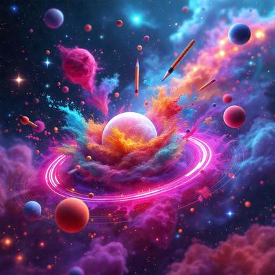 The primary subject of the image is a colorful, swirling, and vibrant planet with a pink and blue color scheme. The setting is a space filled with various celestial objects, including planets, stars, and other celestial bodies. The visual style is a digital art or illustration, creating a whimsical and imaginative atmosphere. The colors and mood are lively and energetic, with the pink and blue hues adding a sense of warmth and liveliness to the